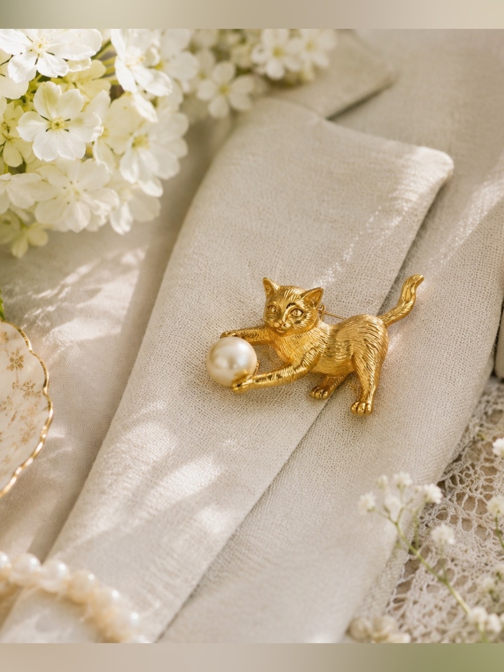 Vintage Gold-Tone Cat Brooch with Faux Pearl Ball